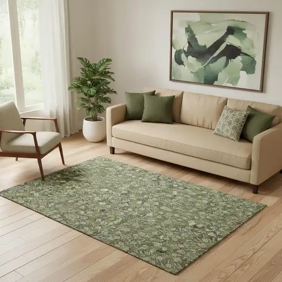 Olive Green And Ivory Floral Washable Area Rug With UV Protection Photo 1