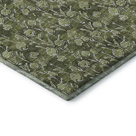 Olive Green And Ivory Floral Washable Area Rug With UV Protection Photo 7