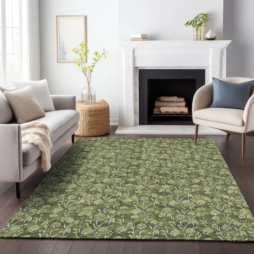 Olive Green And Ivory Floral Washable Area Rug With UV Protection Photo 5