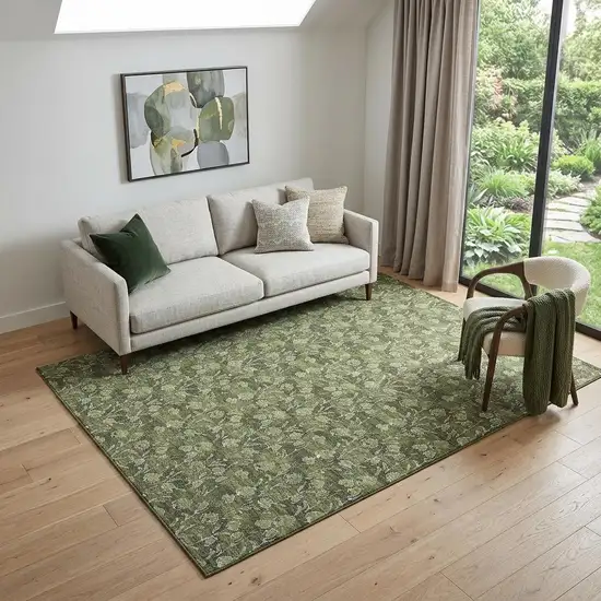 Olive Green And Ivory Floral Washable Area Rug With UV Protection Photo 1