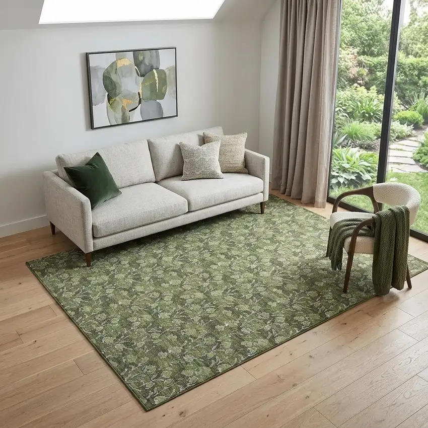 Olive Green And Ivory Floral Washable Area Rug With UV Protection Photo 1