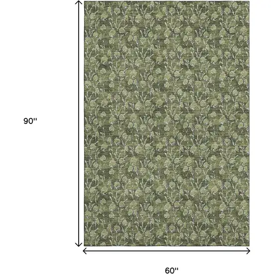 Olive Green And Ivory Floral Washable Area Rug With UV Protection Photo 3