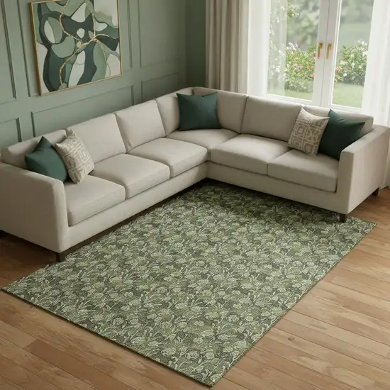 Olive Green And Ivory Floral Washable Area Rug With UV Protection Photo 1