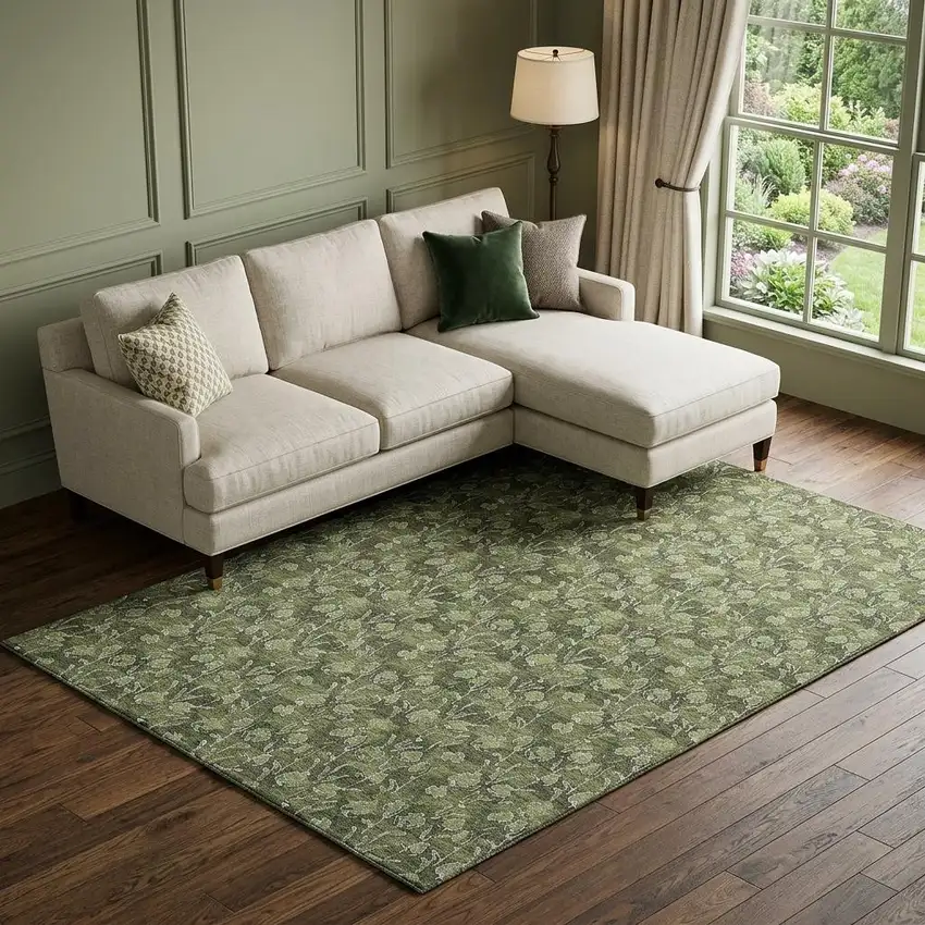 Olive Green And Ivory Floral Washable Area Rug With UV Protection Photo 1