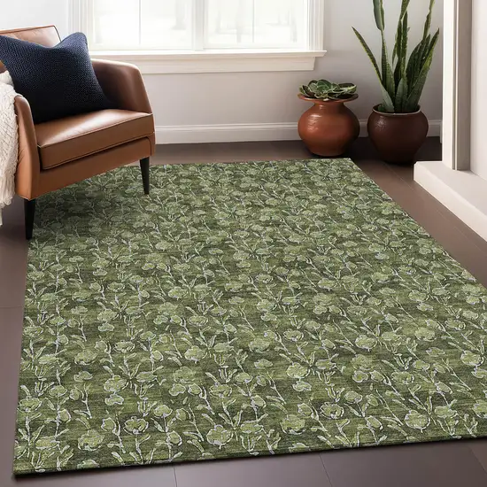 Olive Green And Ivory Floral Washable Area Rug With UV Protection Photo 4