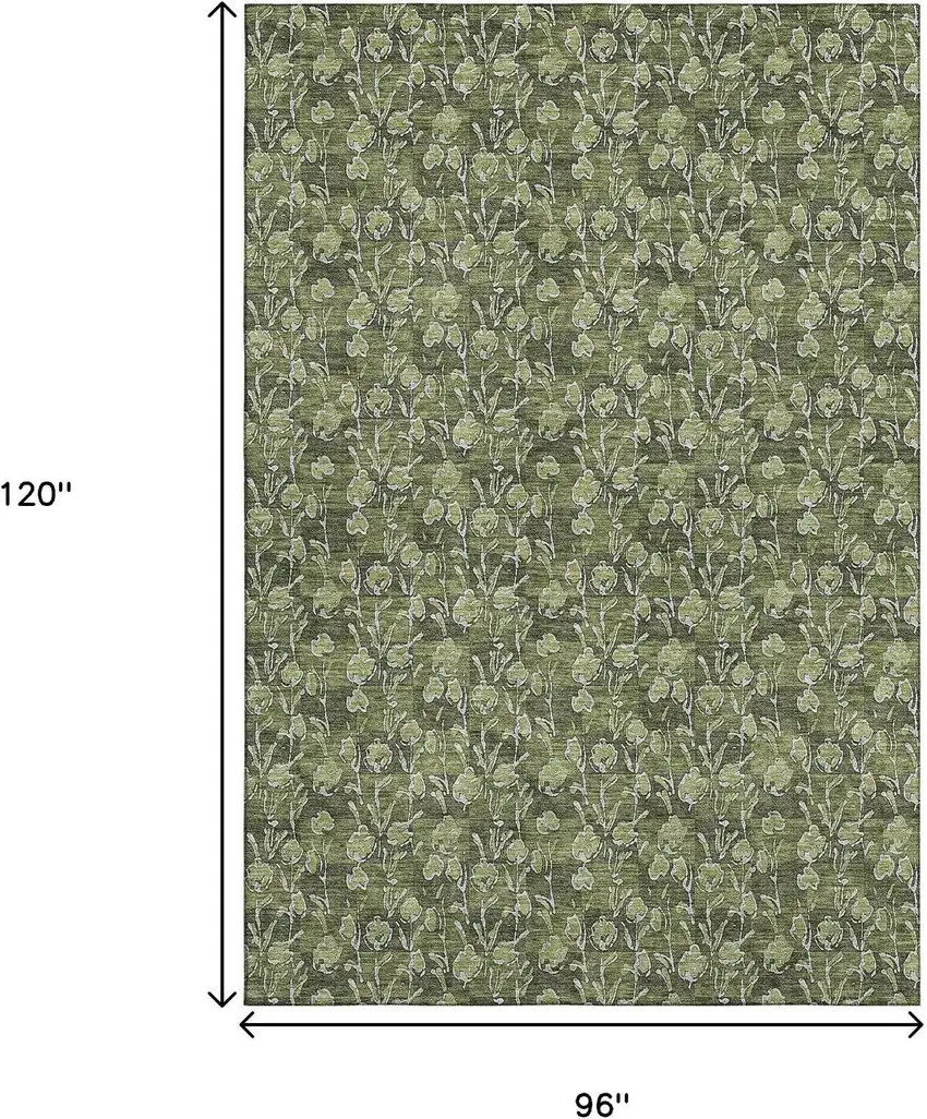 Olive Green And Ivory Floral Washable Area Rug With UV Protection Photo 3