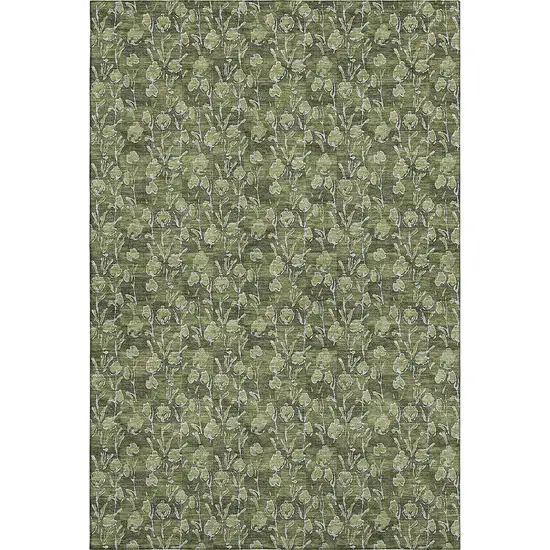 Olive Green And Ivory Floral Washable Area Rug With UV Protection Photo 2