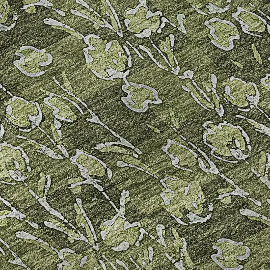 Olive Green And Ivory Floral Washable Area Rug With UV Protection Photo 9