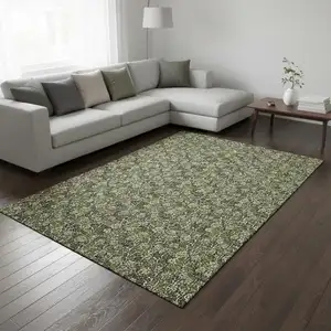 Photo of Olive Green And Ivory Floral Washable Area Rug With UV Protection