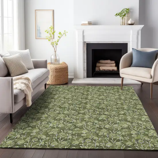 Olive Green And Ivory Floral Washable Area Rug With UV Protection Photo 5