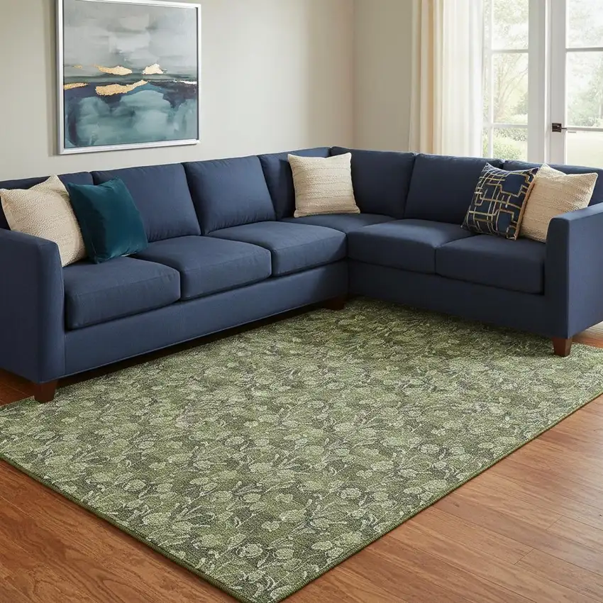 Olive Green And Ivory Floral Washable Area Rug With UV Protection Photo 1