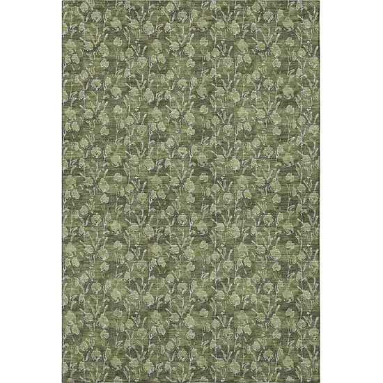Olive Green And Ivory Floral Washable Area Rug With UV Protection Photo 4