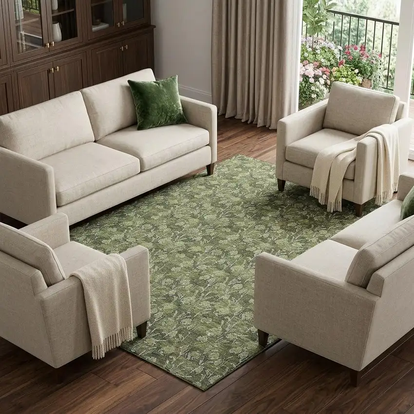 Olive Green And Ivory Floral Washable Area Rug With UV Protection Photo 1