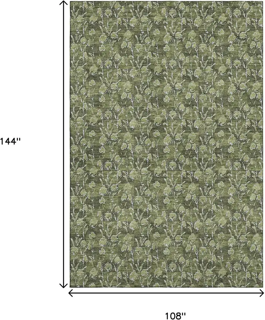 Olive Green And Ivory Floral Washable Area Rug With UV Protection Photo 3