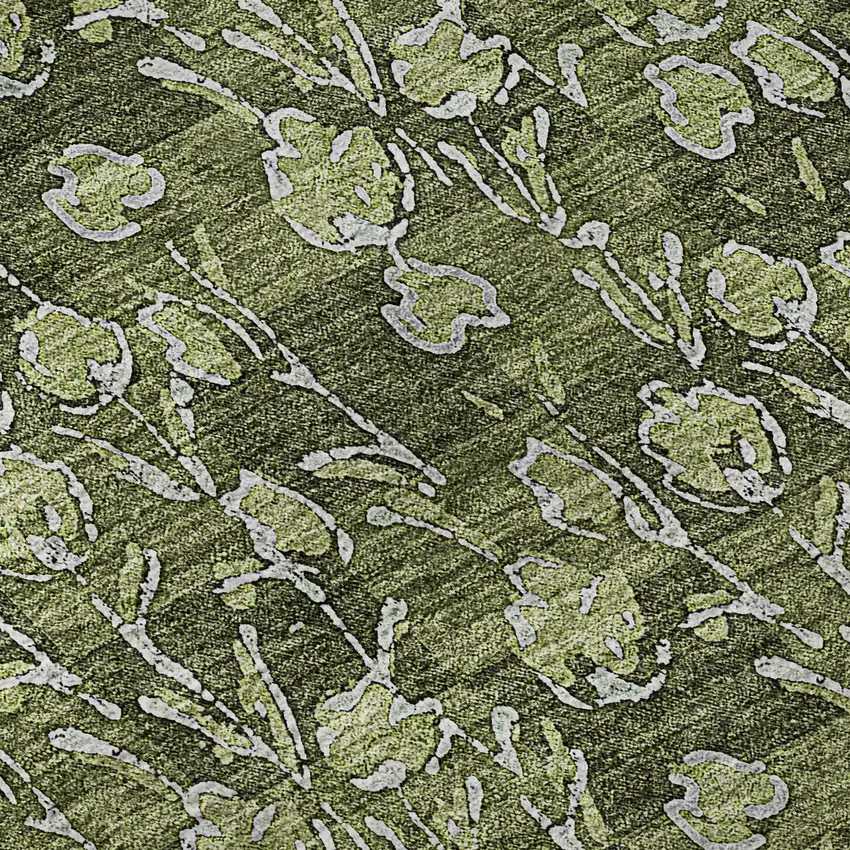 Olive Green And Ivory Floral Washable Area Rug With UV Protection Photo 9