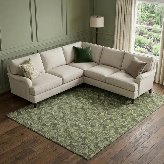 Olive Green And Ivory Floral Washable Area Rug With UV Protection Photo 1