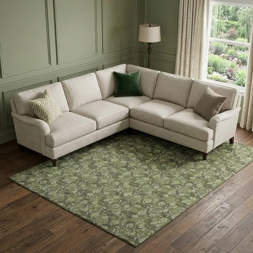 Olive Green And Ivory Floral Washable Area Rug With UV Protection Photo 1
