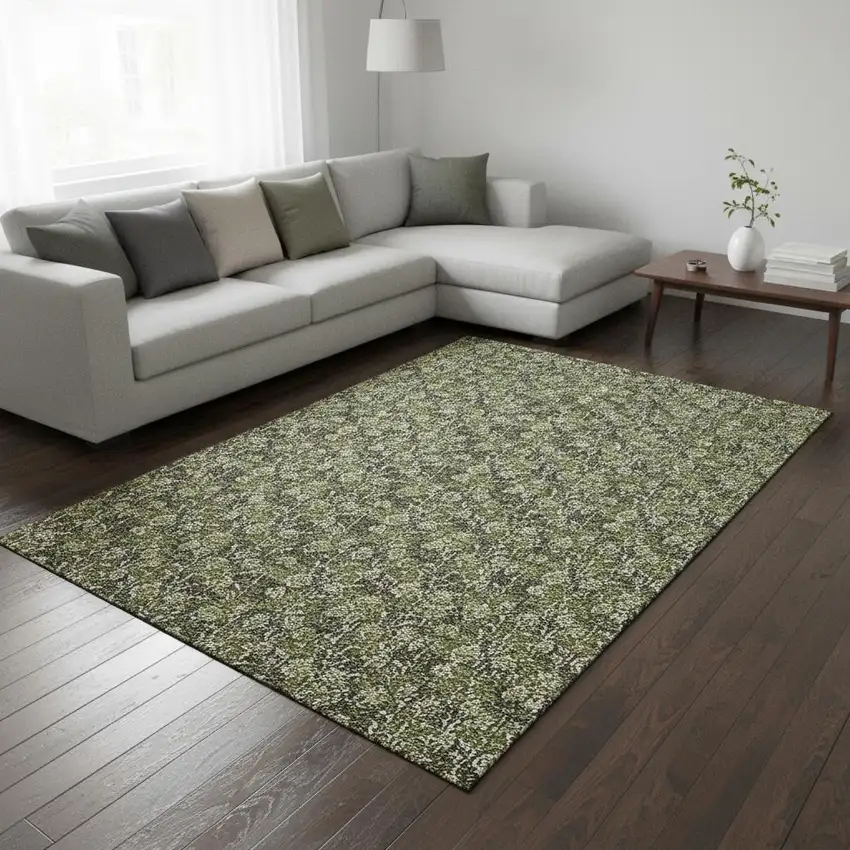 Olive Green And Ivory Floral Washable Area Rug With UV Protection Photo 1