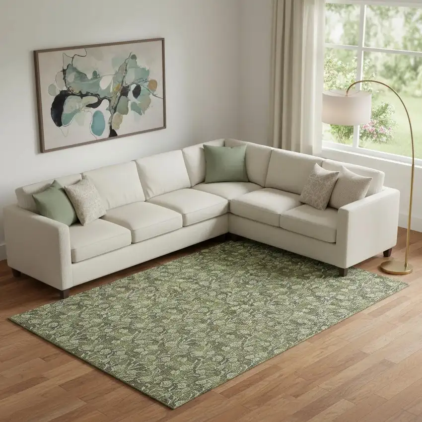 Olive Green And Ivory Floral Washable Area Rug With UV Protection Photo 2