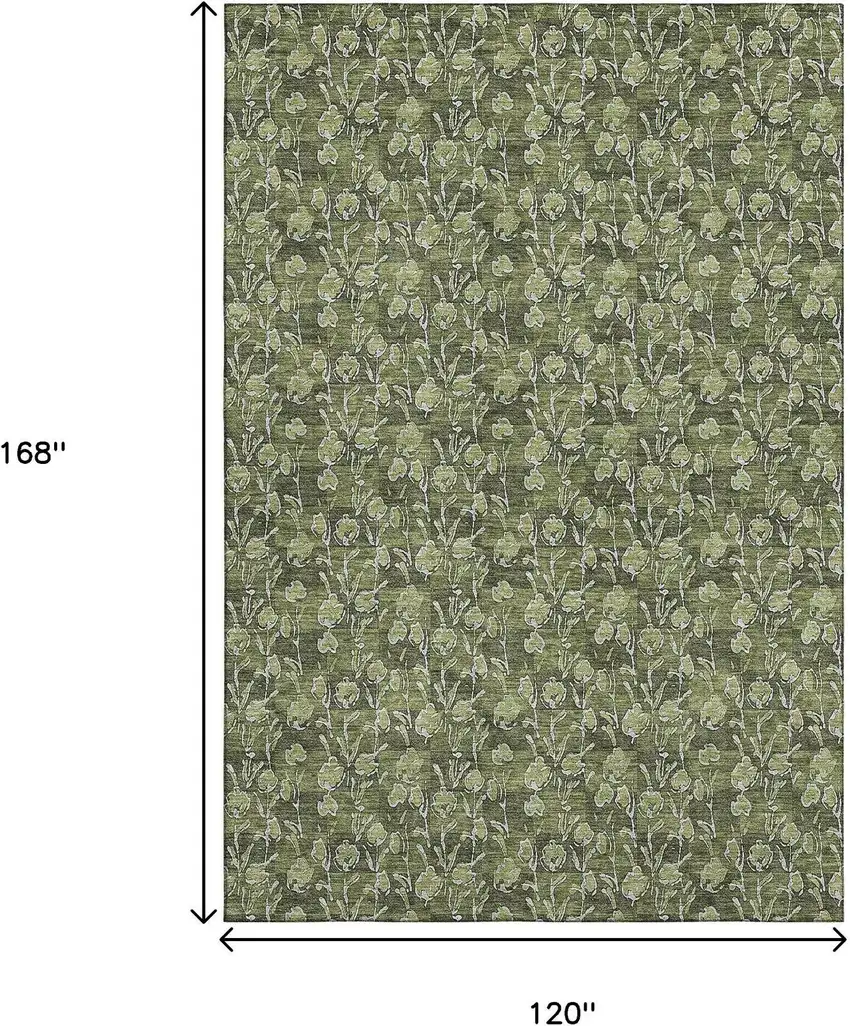 Olive Green And Ivory Floral Washable Area Rug With UV Protection Photo 4