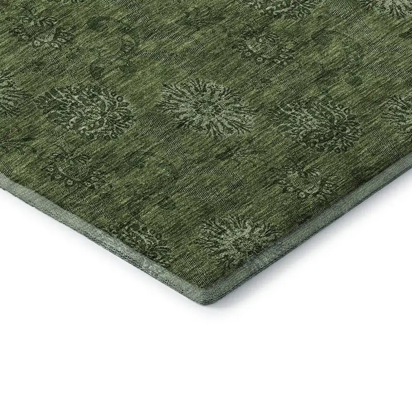 Olive Green And Ivory Floral Washable Area Rug With UV Protection Photo 8