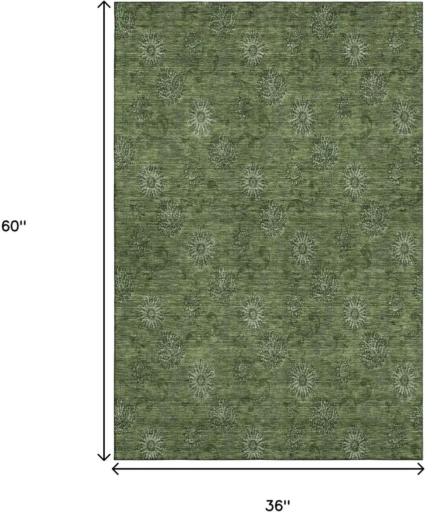 Olive Green And Ivory Floral Washable Area Rug With UV Protection Photo 3