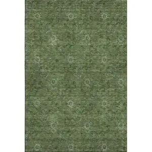 Photo of Olive Green And Ivory Floral Washable Area Rug With UV Protection