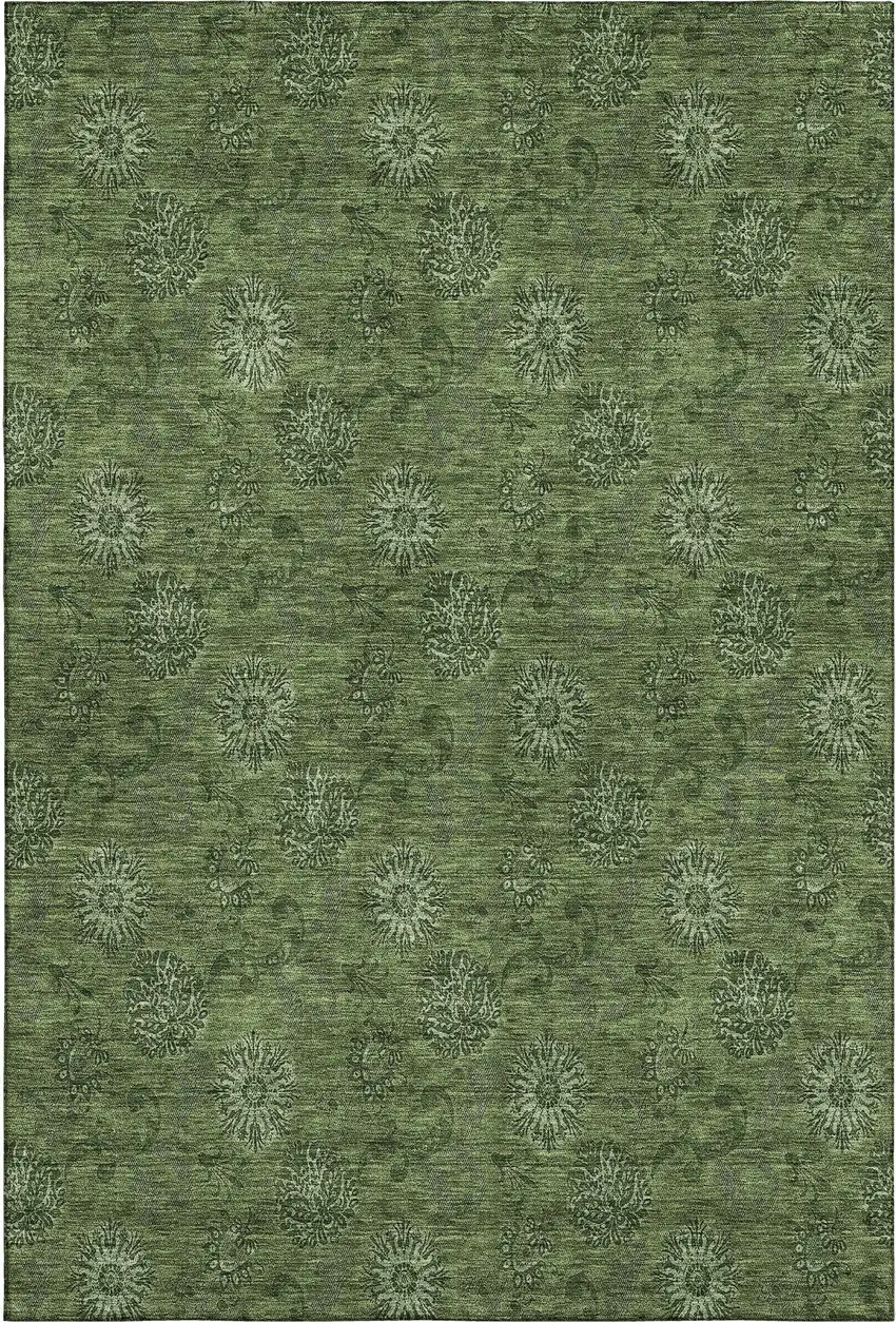 Olive Green And Ivory Floral Washable Area Rug With UV Protection Photo 1