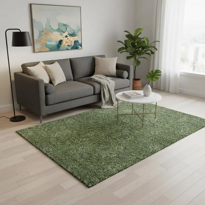 Olive Green And Ivory Floral Washable Area Rug With UV Protection Photo 2