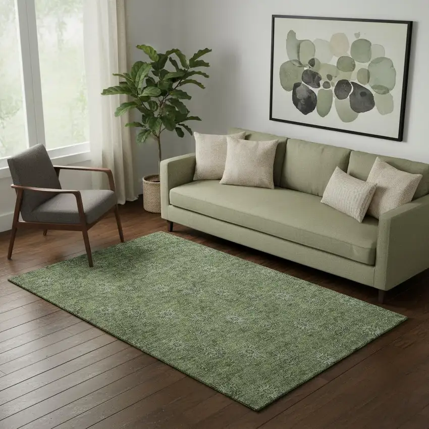 Olive Green And Ivory Floral Washable Area Rug With UV Protection Photo 1