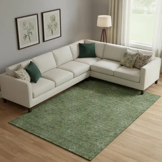 Olive Green And Ivory Floral Washable Area Rug With UV Protection Photo 1