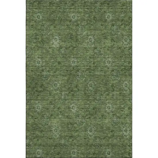 Olive Green And Ivory Floral Washable Area Rug With UV Protection Photo 1