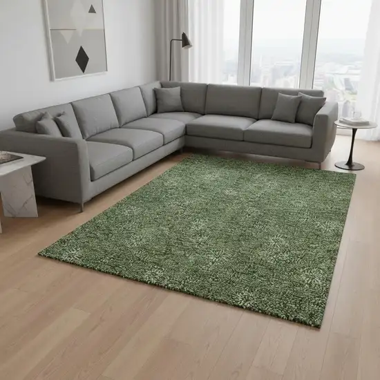 Olive Green And Ivory Floral Washable Area Rug With UV Protection Photo 2