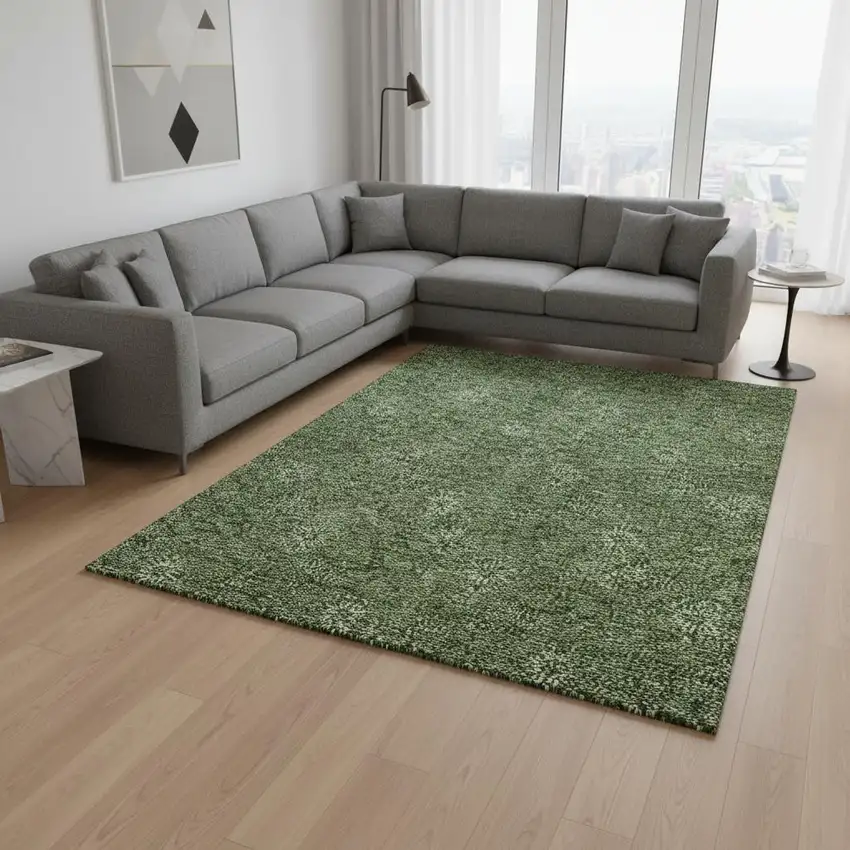 Olive Green And Ivory Floral Washable Area Rug With UV Protection Photo 2