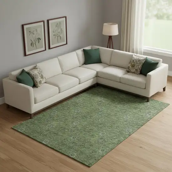 Olive Green And Ivory Floral Washable Area Rug With UV Protection Photo 1