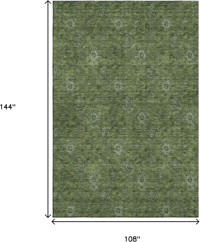 Olive Green And Ivory Floral Washable Area Rug With UV Protection Photo 3