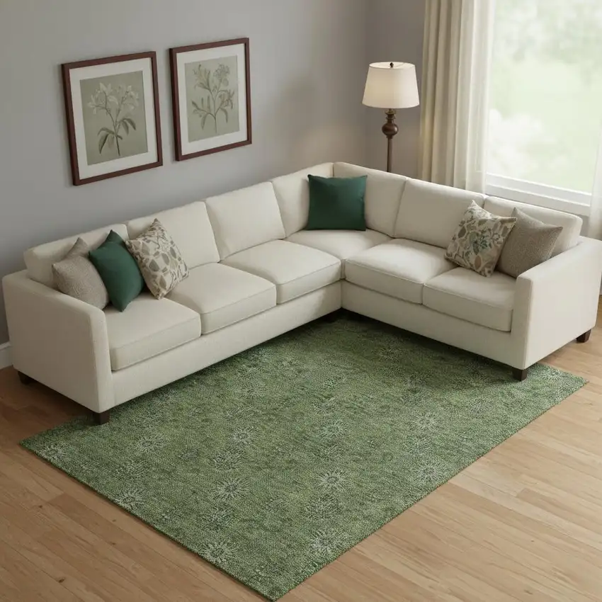 Olive Green And Ivory Floral Washable Area Rug With UV Protection Photo 1