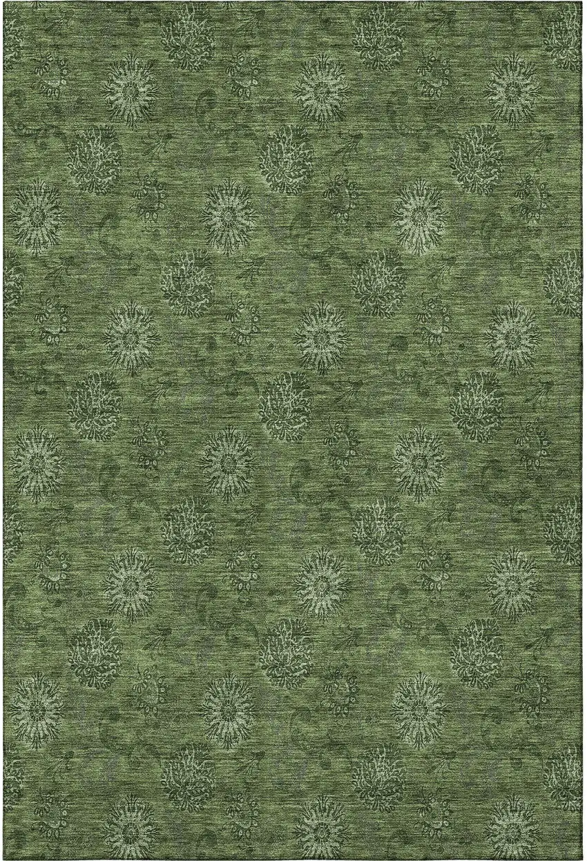 Olive Green And Ivory Floral Washable Area Rug With UV Protection Photo 3