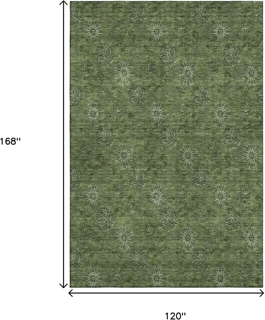 Olive Green And Ivory Floral Washable Area Rug With UV Protection Photo 3