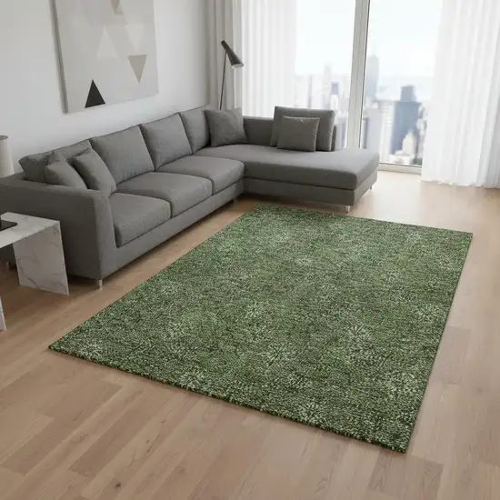 Olive Green And Ivory Floral Washable Area Rug With UV Protection Photo 2