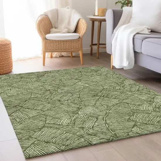 Olive Green And Ivory Floral Washable Area Rug With UV Protection Photo 5