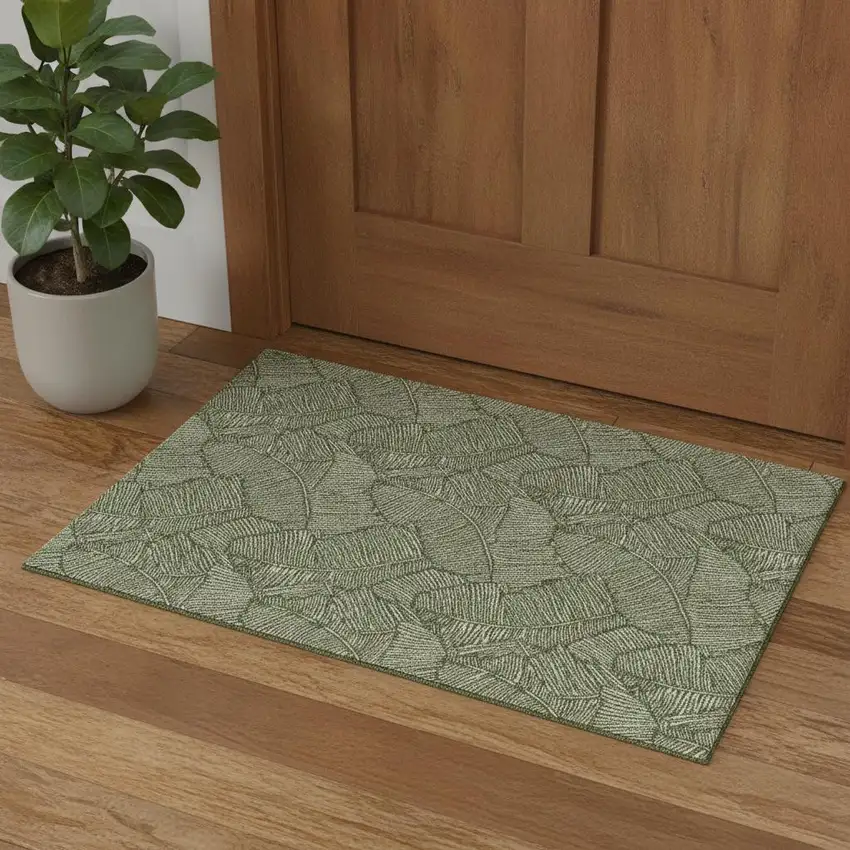Olive Green And Ivory Floral Washable Area Rug With UV Protection Photo 1