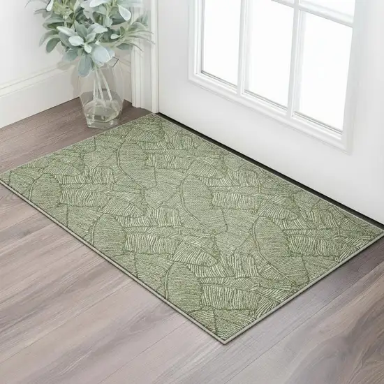 Olive Green And Ivory Floral Washable Area Rug With UV Protection Photo 2