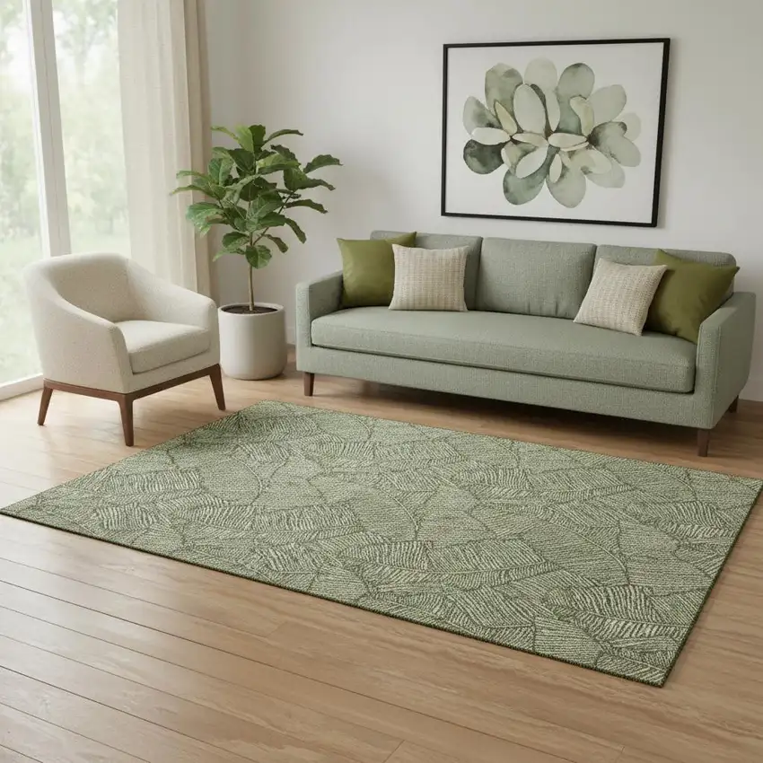 Olive Green And Ivory Floral Washable Area Rug With UV Protection Photo 1