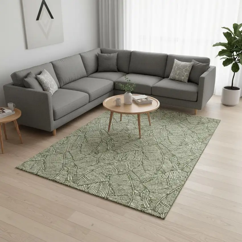 Olive Green And Ivory Floral Washable Area Rug With UV Protection Photo 2