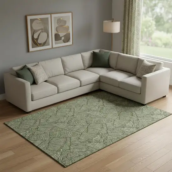 Olive Green And Ivory Floral Washable Area Rug With UV Protection Photo 1