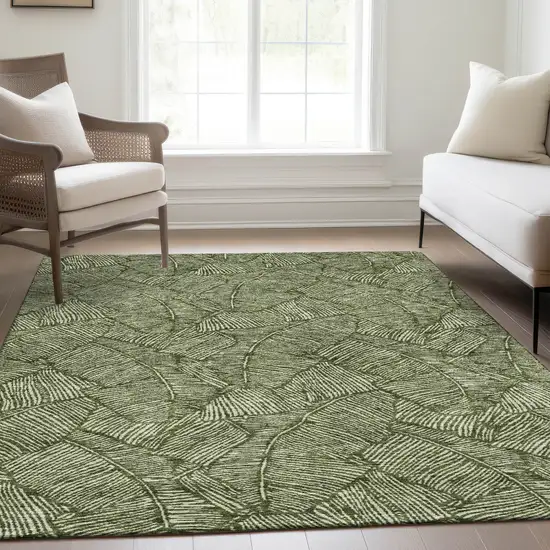 Olive Green And Ivory Floral Washable Area Rug With UV Protection Photo 6