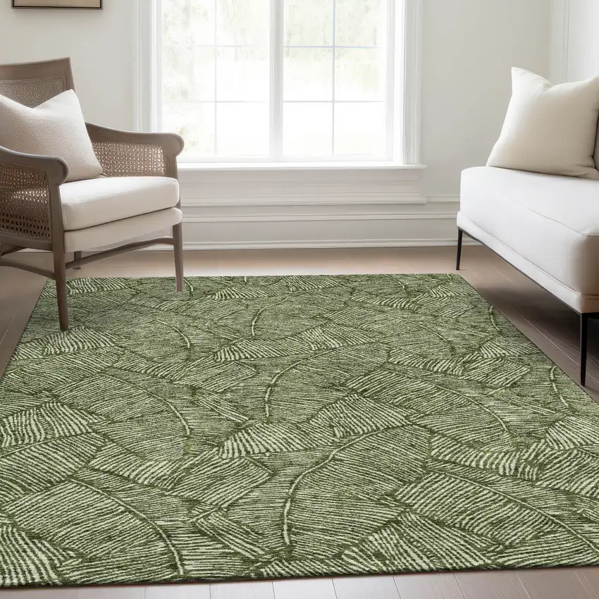 Olive Green And Ivory Floral Washable Area Rug With UV Protection Photo 6
