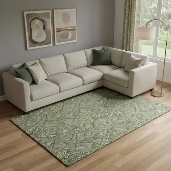 Olive Green And Ivory Floral Washable Area Rug With UV Protection Photo 1