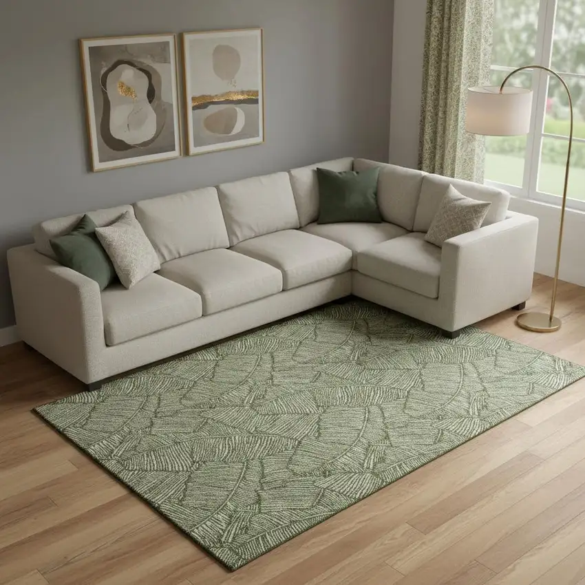 Olive Green And Ivory Floral Washable Area Rug With UV Protection Photo 1